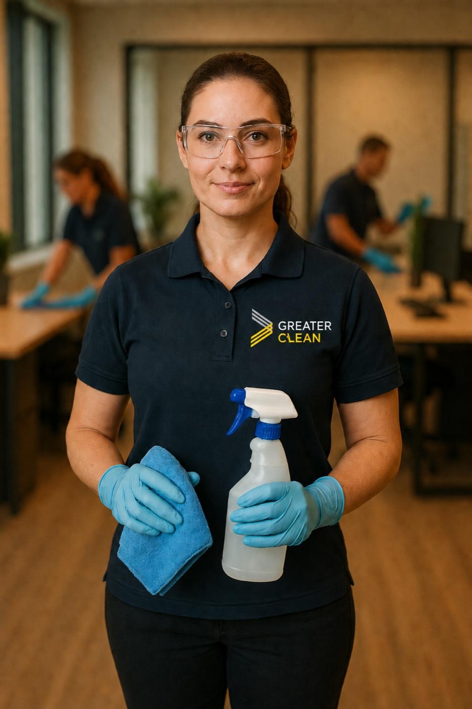 Greater Clean technician detailing a modern office